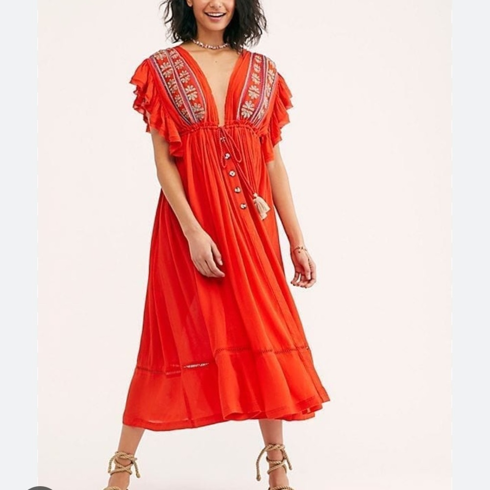 NEW Free People Orange Flutter Sleeve V Neck Midi Dress